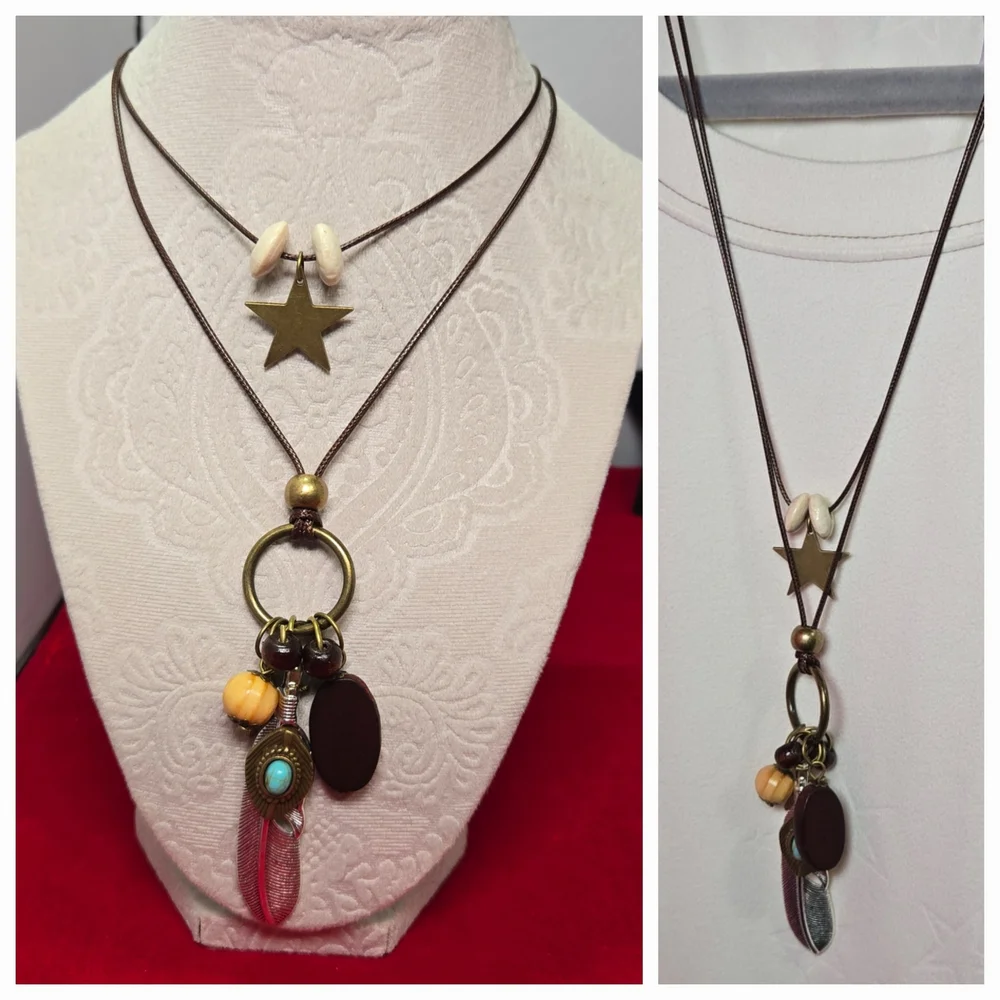 Layered Boho Necklace Feather Turquoise Wood Star Western Southwestern Charms